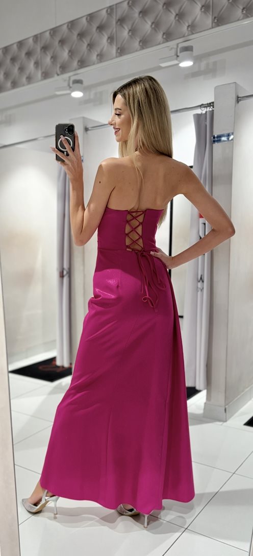 Sukienka długa wiązanie przód marszczenie fuksja