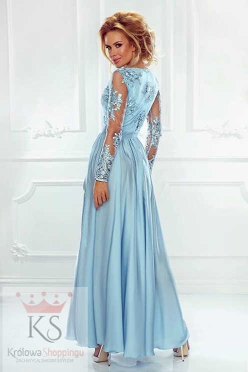 Długa sukienka z koronką błękit