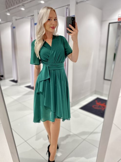 Sukienka midi na gumce brokatowa zieleń