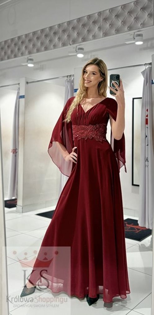 Sukienka długa rękawek zdobiona talia bordo