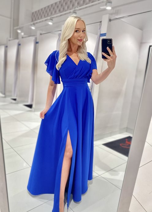 Sukienka długa z rękawkami i pasem chaber