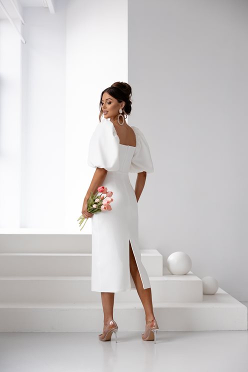 Sukienka midi prosta bufiaste rękawki biel