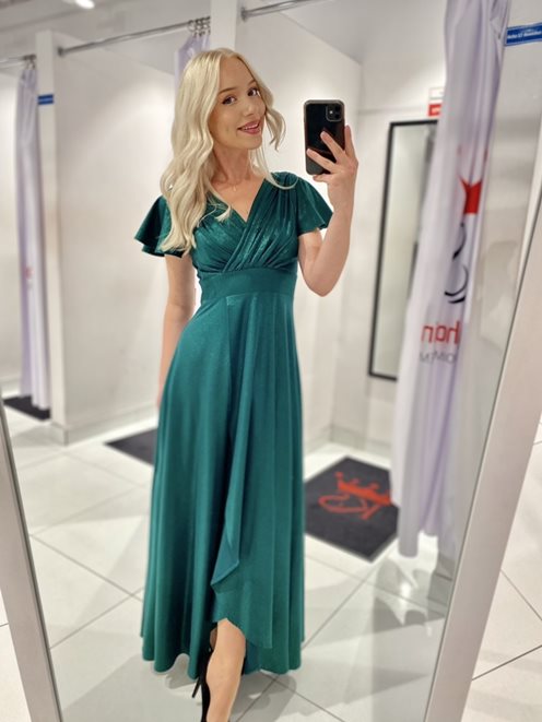 Sukienka długa rękawek motylek błysk zieleń