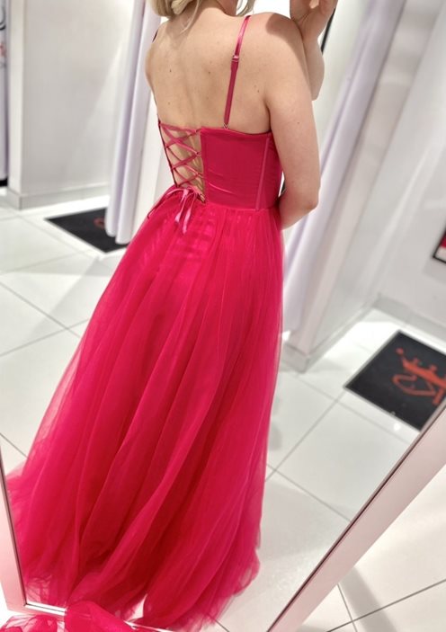 Sukienka długa z gorsetem i tiulem magenta