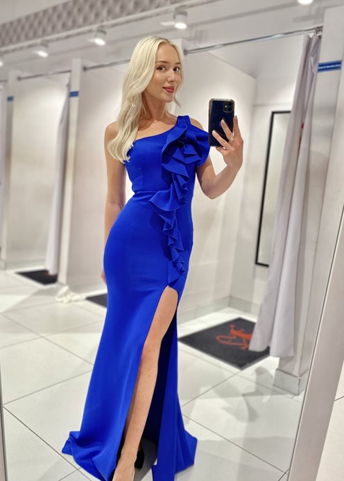 Sukienka długa dopasowana ramię róża chaber