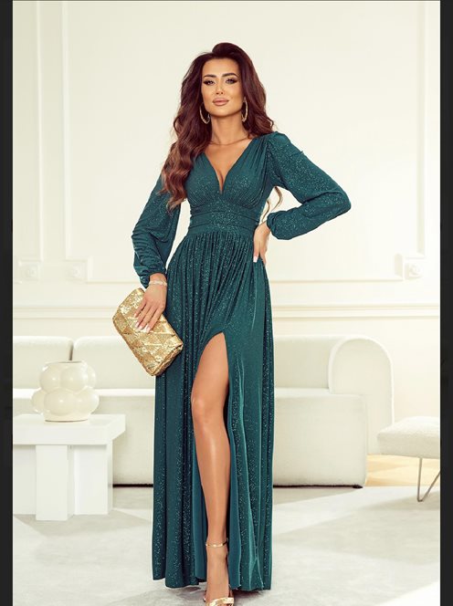 Sukienka długa brokat odcięcie długi rękaw zieleń