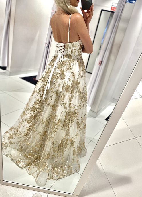 Sukienka długa tiulowa zdobiona brokatem biała