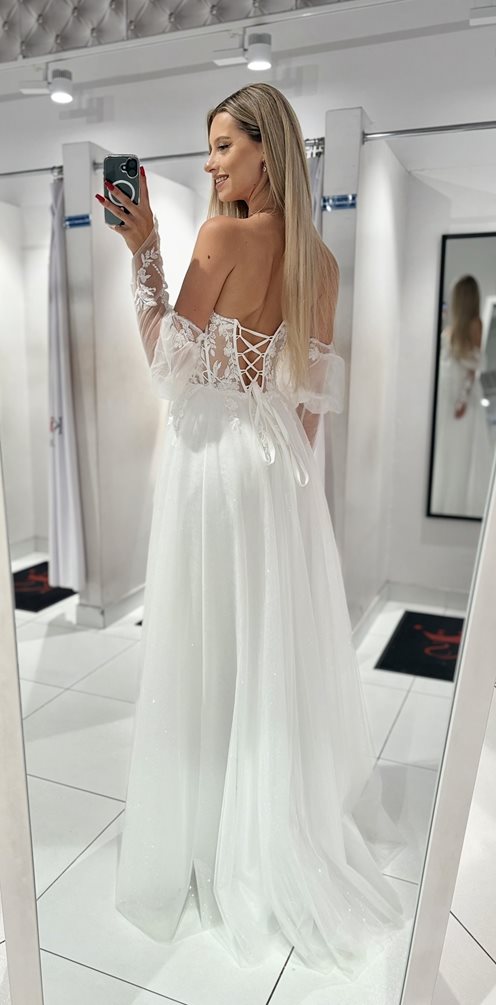 Sukienka długa tiul rękawek gorset biel