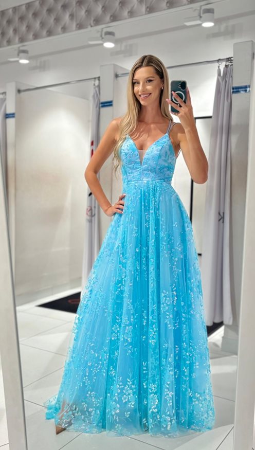 Sukienka długa z brokatem wiązanie plecy błękit