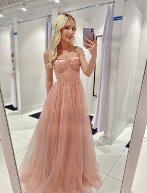 Sukienka długa z gorsetem i tiulem róż