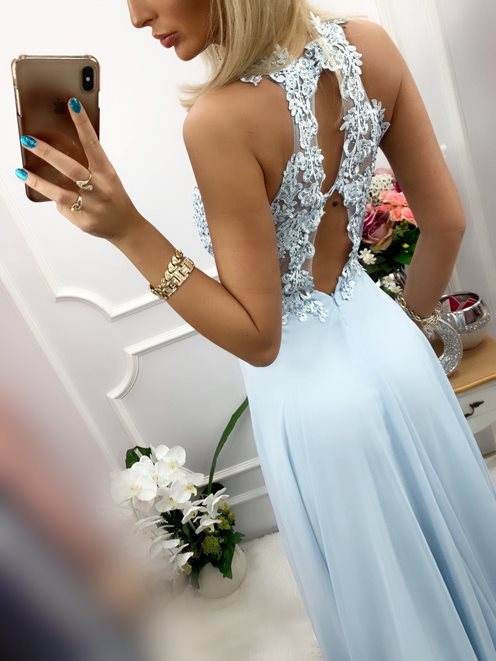 Długa sukienka zabudowany przód ozd plecy błękit