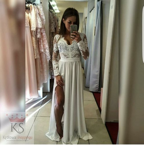 Długa sukienka z koronką biel