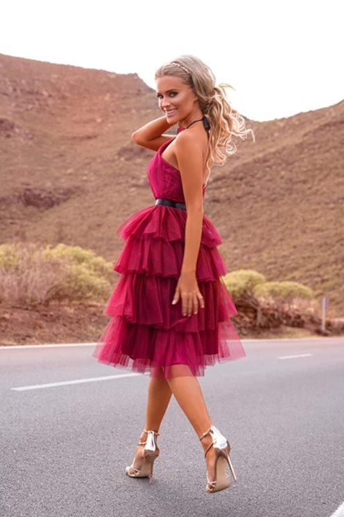 Sukienka tiulowa wiązana midi  falbanki fiolet