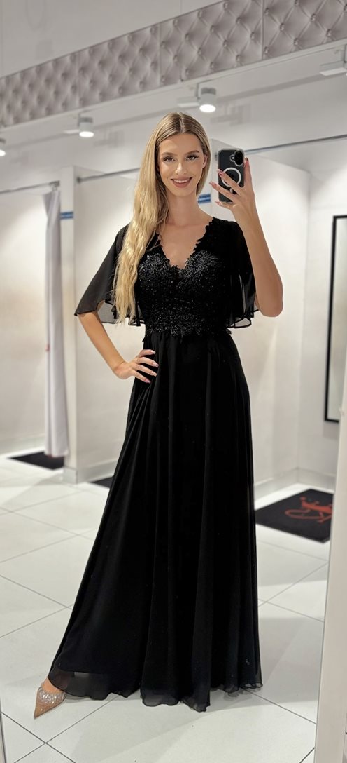 Sukienka długa szyfonowa góra ozdobna czerń