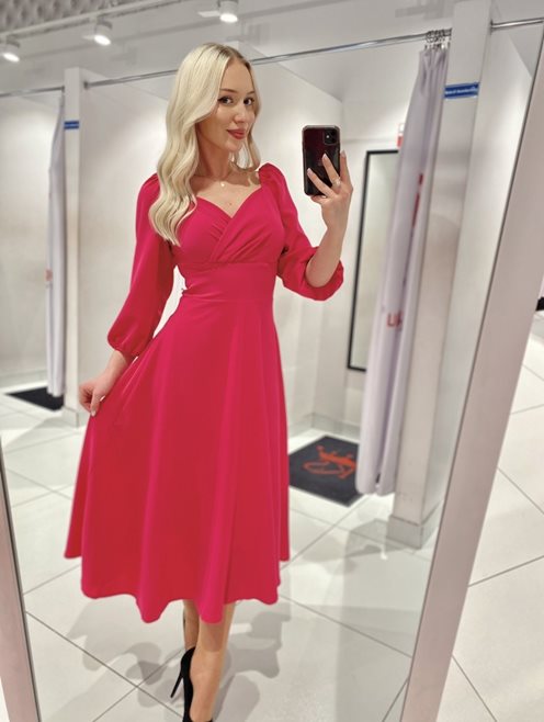 Sukienka midi rękawek 3/4 pas malina