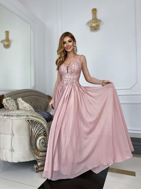 Sukienka długa koronka cienkie ramiączka róż