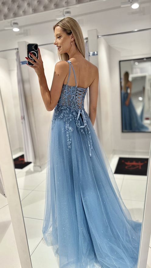 Sukienka długa tiul asymetria kwiaty brokat błękit