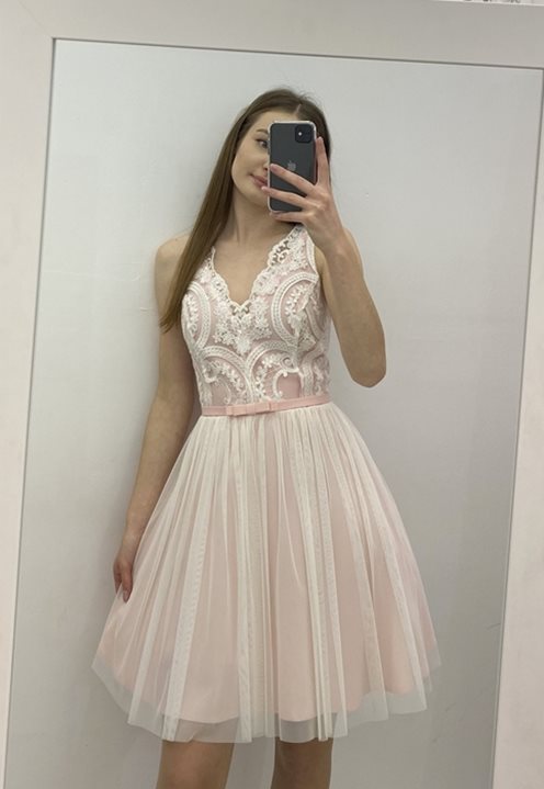 sukienka krótka rozk tiul koronka róż/biała