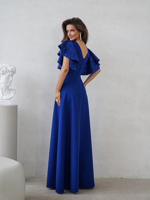 Sukienka długa klosz cekinowy rękawek chaber