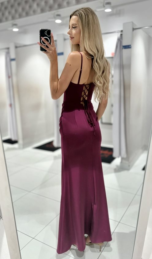 Sukienka długa marszczenia dekolt woda fiolet