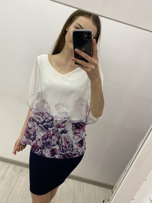 Sukienka z wpuszczaną narzutką rękawek kwiaty czar