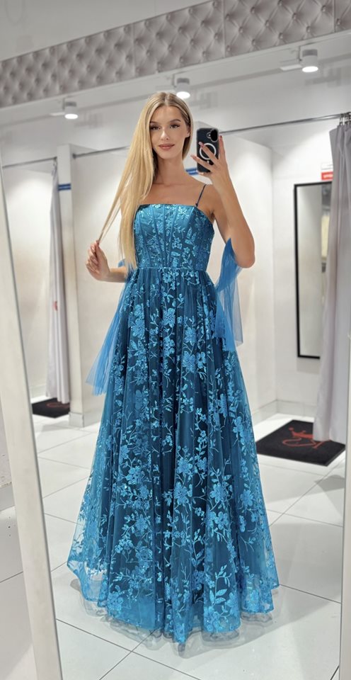 Sukienka długa tiulowa zdobiona brokatem turkus
