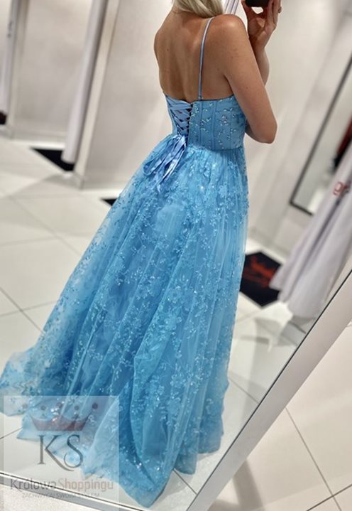 Sukienka długa tiulowa zdobiona brokatem błękit