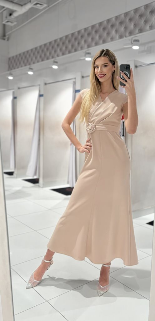 Sukienka długa klasyczna z rękawkiem pasek beż