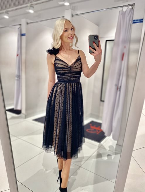 Sukienka midi kropki ozdobne ramiączko czarny-beż