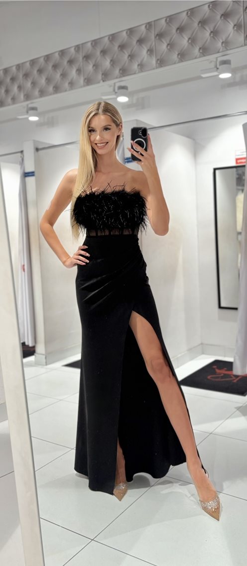 Sukienka długa rybka gorset siateczka pióra czerń