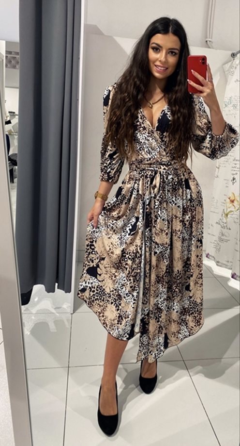 Sukienka midi z wiązaniem w talii złoto