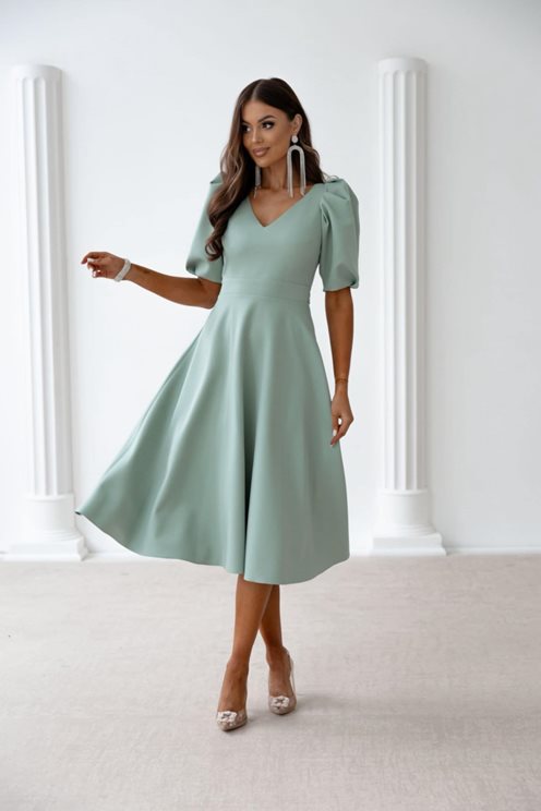 Sukienka midi dekolt bufiaste rękawki szałwia