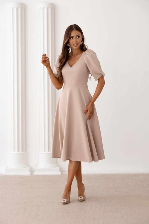 Sukienka midi dekolt bufiaste rękawki beż