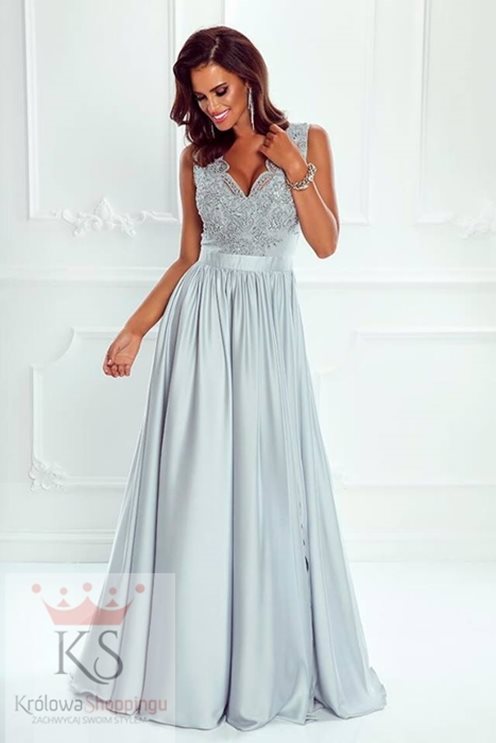 Sukienka długa koronkowy dekolt szary