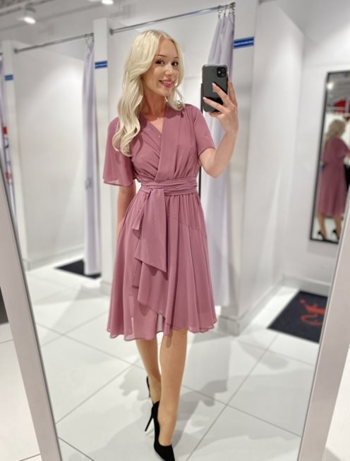 Sukienka midi na gumce brokatowa wrzos