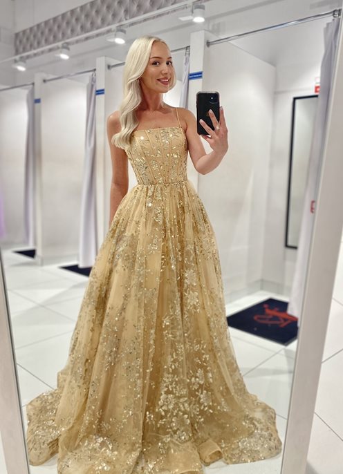 Sukienka długa tiulowa zdobiona brokatem złota