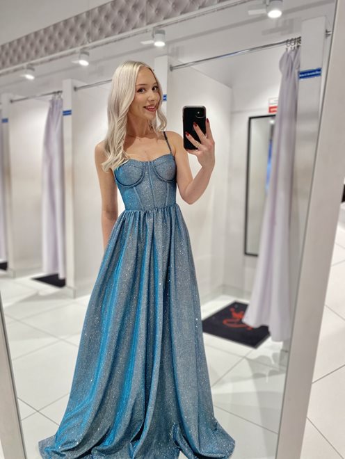 Sukienka długa gorsetowa brokat wiązana niebieski