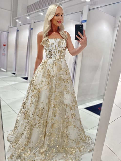 Sukienka długa tiulowa zdobiona brokatem biała