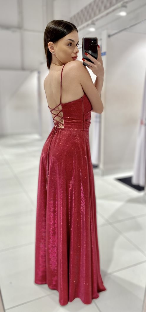 Sukienka długa na ramiączkach wiązana brokat czerw