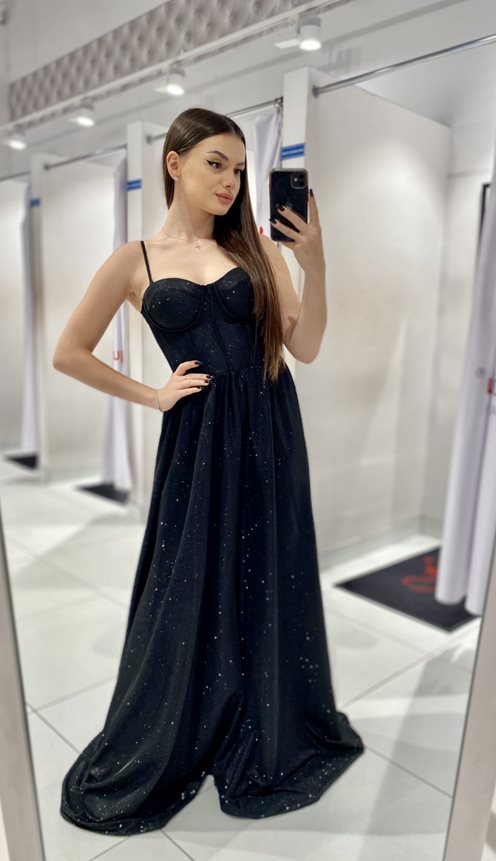 Sukienka długa gorsetowa brokat wiązana czerń