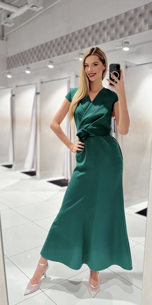 Sukienka długa klasyczna z rękawkiem pasek zieleń