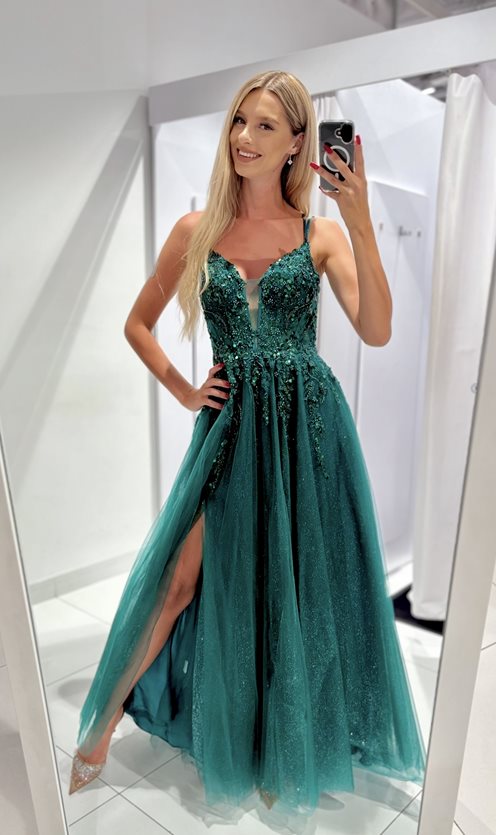 Sukienka długa tiul cekiny gorset zieleń