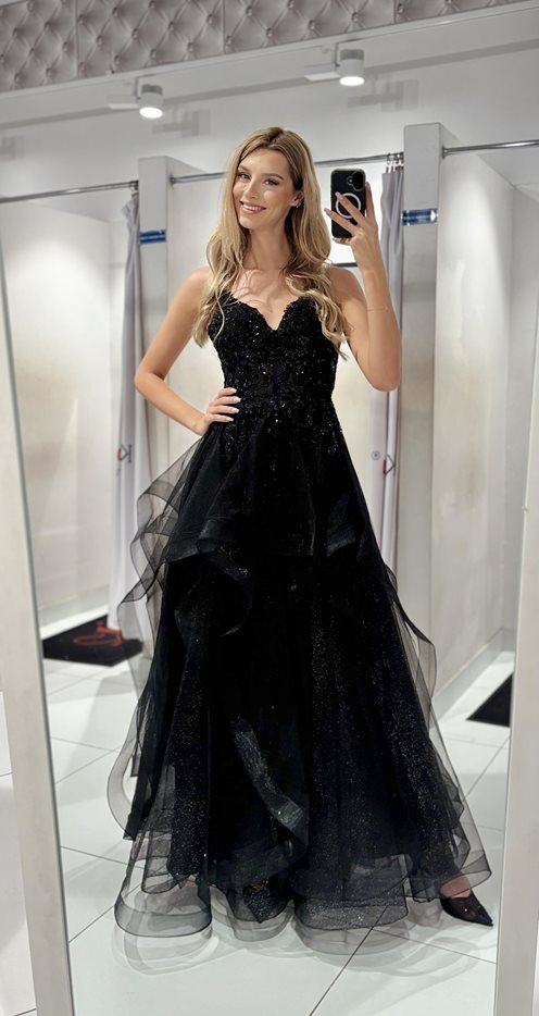 Sukienka długa falbany brokat tiul czerń