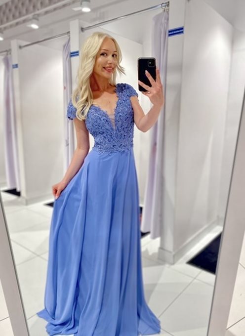 Sukienka długa z rękawkiem zdobienia niebieski