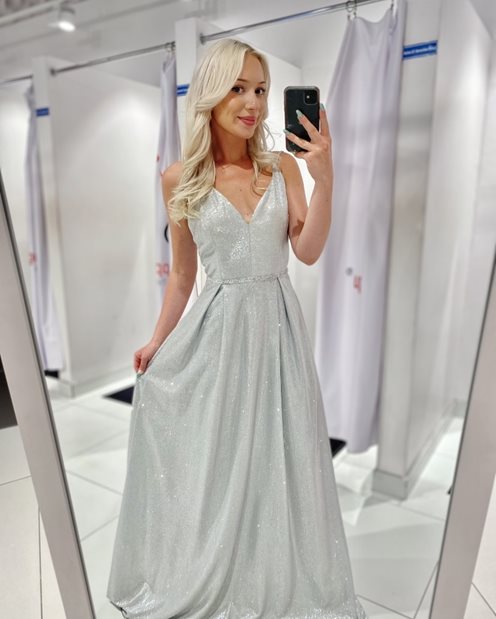 sukienka długa błyszcząca pasek koraliki szara