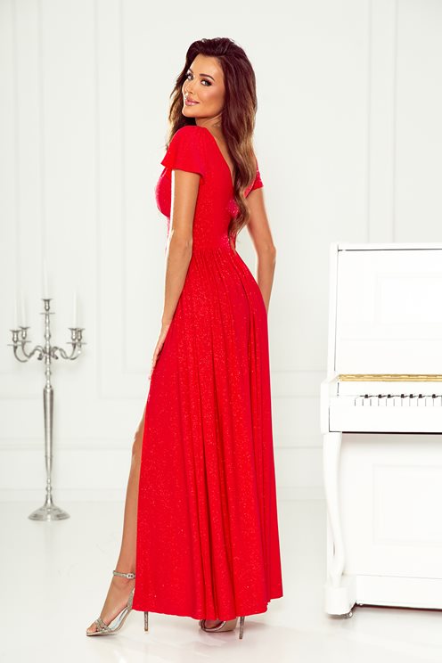 Sukienka długa brokat odcięcie i rękawek czerwień