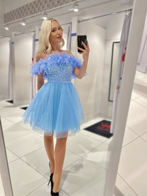 Sukienka krótka brokat cekiny pióra błękit