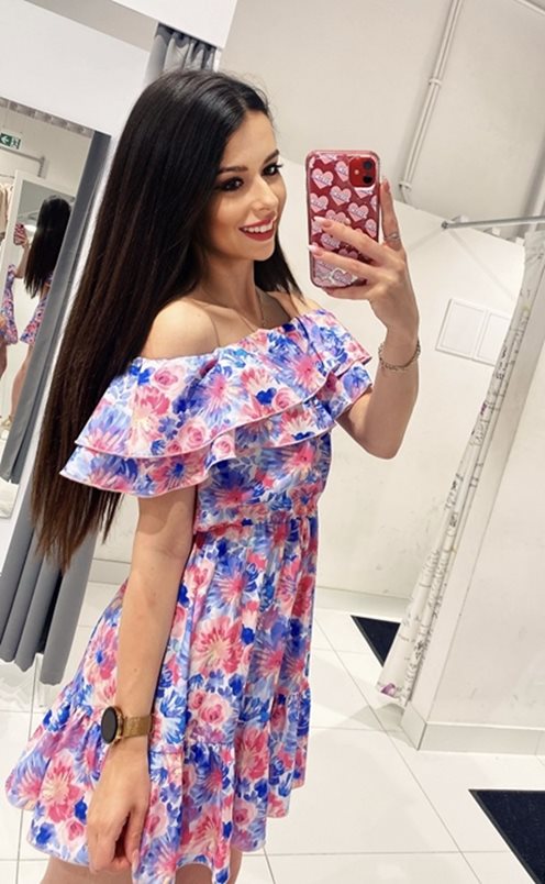 Sukienka krótka hiszpanka LATO róż-błekit