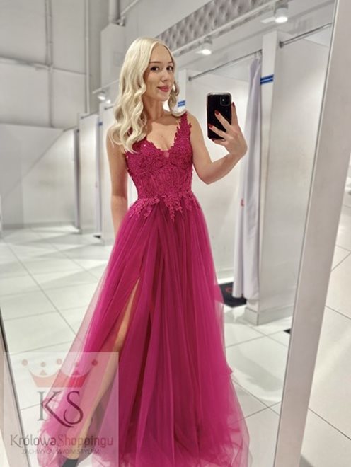 Sukienka długa tiulowa gorset koronka fuksja