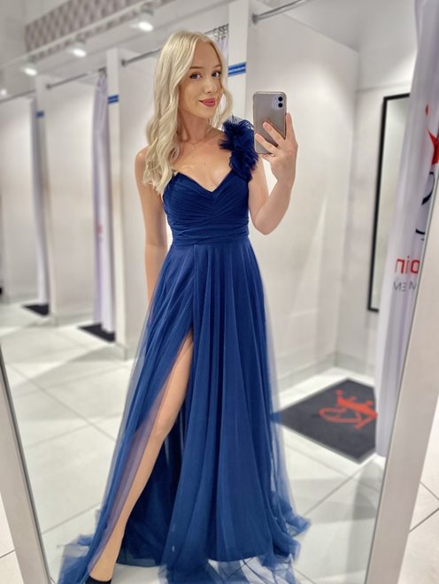 Długa sukienka ramiączka falbana granat